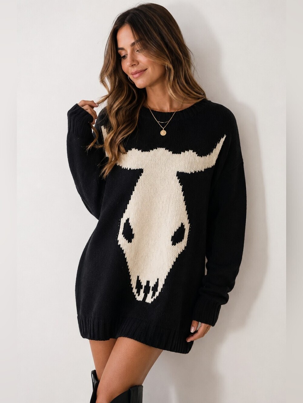Show Me Your Mumu Fireside Skull Knit Sweater Black XS Boho Western